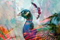 A proud peacock blended with the vibrant hues of a tropical garden in a double exposure