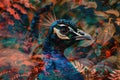 A proud peacock blended with the vibrant hues of a tropical garden in a double exposure