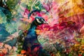 A proud peacock blended with the vibrant hues of a tropical garden in a double exposure