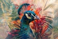 A proud peacock blended with the vibrant hues of a tropical garden in a double exposure