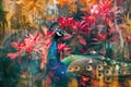 A proud peacock blended with the vibrant hues of a tropical garden in a double exposure