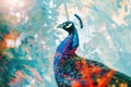 A proud peacock blended with the vibrant hues of a tropical garden in a double exposure