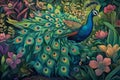 A proud peacock with its colorful feathers fully fanned out, displaying a mesmerizing array of blues