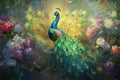 A proud peacock with its colorful feathers fully fanned out, displaying a mesmerizing array of blues