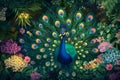 A proud peacock with its colorful feathers fully fanned out, displaying a mesmerizing array of blues