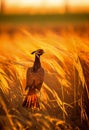A proud pheasant walks among the ripened wheat in the rays of the setting sun. AI Generated