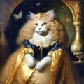 A proud and regal anthropomorphic Persian cat in a crown and a luxurious dress