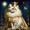 A proud and regal anthropomorphic Persian cat in a crown and a luxurious dress