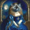 A proud and regal anthropomorphic Persian cat in a crown and a luxurious dress