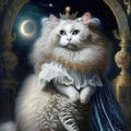 A proud and regal anthropomorphic Persian cat in a crown and a luxurious dress