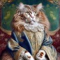 A proud and regal anthropomorphic Persian cat in luxurious clothes