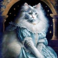 A proud and regal anthropomorphic Persian cat in a luxurious dress