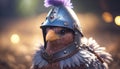 The Proud Rooster in his Knight\'s Helmet: A Regal Portrait