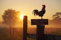 proud rooster perched atop a fencepost, its sign reading \