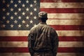 Proud Soldier in Stunning Military Uniform Standing Tall against Majestic US Flag Backdrop Royalty Free Stock Photo