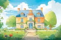 a proud stone manor house in a verdant french landscape, magazine style illustration