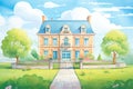 a proud stone manor house in a verdant french landscape, magazine style illustration