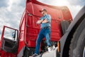 Proud Trucker and His Brand New Semi Truck Tractor Royalty Free Stock Photo