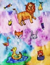 Watercolor illustrations of animals on a colored watercolor background.