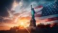 Proudly towering Statue of Liberty and the American flag against the backdrop of the rising sun - Generative AI