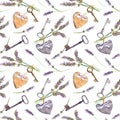 Provencal background - lavender flowers, old keys, textile hearts. Seamless pattern, rural style of Provence. Watercolor