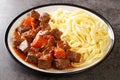 Provencal Beef Stew Daube served with noodles closeup in the plate. Horizontal Royalty Free Stock Photo