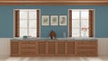 Provencal kitchen background with wooden and rattan cabinets in white and blue tones. Sink, and gas hob. Windows with shutters and
