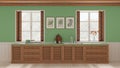 Provencal kitchen background with wooden and rattan cabinets in white and green tones. Sink, and gas hob. Windows with shutters