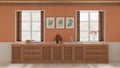 Provencal kitchen background with wooden and rattan cabinets in white and orange tones. Sink, and gas hob. Windows with shutters