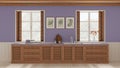 Provencal kitchen background with wooden and rattan cabinets in white and purple tones. Sink, and gas hob. Windows with shutters