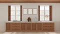 Provencal kitchen background with wooden and rattan cabinets in white tones. Sink, and gas hob. Frame mockup. Windows with