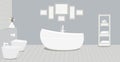 Provencal style bathroom with a fashionable bath,toilet, bidet, toilet paper,vase with snowdrops,a rack for towels and cosmetics,