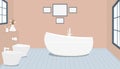 Provencal style bathroom with fashionable bath,toilet, bidet, toilet paper,vase with snowdrops,a window,paintings on pale pink