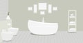 Provencal style bathroom with a fashionable bath,toilet, bidet, toilet paper,vase with snowdrops,a rack for towels and cosmetics,