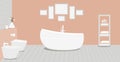 Provencal style bathroom with fashionable bath,toilet, bidet, toilet paper,vase with snowdrops,a rack for towels and cosmetics,