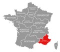 Provence - Alpes - Cote d`Azur red highlighted in map of France