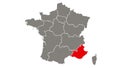 Provence - Alpes - Cote d`Azur region blinking red highlighted in map of France