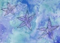 Provence blue watercolor Background. Black starfish. Sea Backdrop