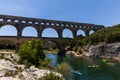 PROVENCE, FRANCE - JUNE 18, 2018: Pont du Gard (bridge across Gard) ancient Roman aqueduct across Gardon River in Provence, Franc Royalty Free Stock Photo