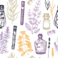 Provence herbs background in vintage style. Hand-sketched aromatic and medicinal plants design. Perfect for cosmetics, perfumery,