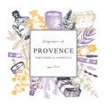 Provence herbs greeting card or invitation in color. Hand-sketched aromatic ingredients and medicinal plants design. Perfect for