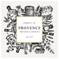 Provence herbs square wreath in vintage style. Hand-sketched aromatic and medicinal plants design. Perfect for cosmetics,