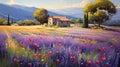 Provence Morning: A Charming Painting Of A Lavender Grove With A House Royalty Free Stock Photo