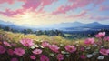 Provence Morning: Impressive Panoramic Landscape Painting Of Pink Flowers Royalty Free Stock Photo