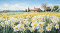 Provence Morning: Lush Landscape Painting Of White Daffodils And House Royalty Free Stock Photo