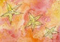 Provence orange watercolor Background. Black starfish. Sea Backdrop