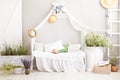 Provence, rustic style ,Lavender ! country white bedroom with wooden floor in retro style. Shabby chic interior girly in the Prove