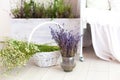 Provence, rustic style, Lavender! A large basket with field daisies and a vase of lavender are on the floor in the bedroom. Aromat