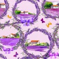 Provence scenery watercolor seamless pattern with lavender flowers