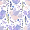 Provence seamless cute bird vector pattern. Royalty Free Stock Photo